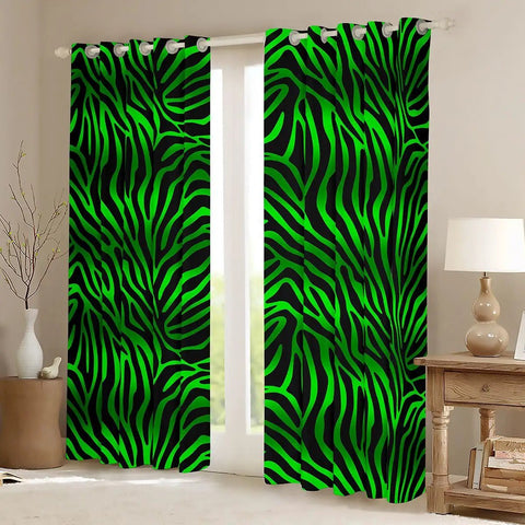 Light Green And Black Zebra Print Blackout Curtains 52W X 63L, 2 Panel Set With Easy Slide Grommets, installed in a living room