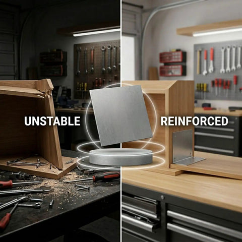 Comparison of unstable wood joint and reinforced joint using 2 Pcs Weldable Hot Rolled Steel Plates 4.7 By 4.7 By 0.16 Inches, 18 Gauge Low Carbon Sheet Metal.