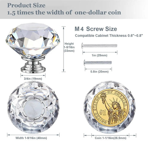 Crystal Cabinet Knobs Set For Dresser With Two Screws, Dope Diamond Glass Pull Handles, 30 Pack, 1 9/16 Inch, Clear Silver Finish