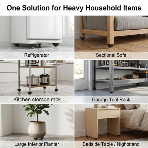 Heavy Duty Hex Self Adhesive Caster Wheels Four Pack used on a refrigerator, sectional sofa, and kitchen rack for smooth rolling.
