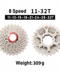 Beefed Up 8 Speed Bicycle Cassette 11-32T for Mountain Bike and Road Bicycle with Nickel Plated Steel Construction