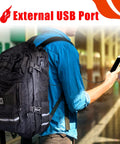 Man using waterproof motorcycle helmet backpack with USB port, black nylon, big capacity, ideal for commuting