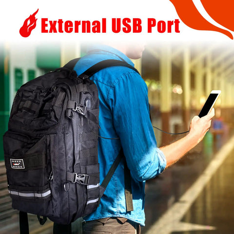Man using waterproof motorcycle helmet backpack with USB port, black nylon, big capacity, ideal for commuting