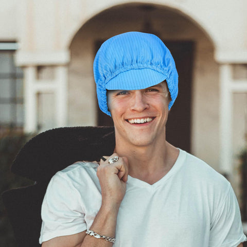 Gotta Love These Five Pack Anti Static Work Caps Designed With Breathable Mesh To Keep Your Head Fresh In Cleanrooms And Workshops Lightweight Blue Scrub Hats on a smiling man.