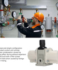 Gas Booster Pump For Industrial Pressure Systems, worker inspecting pressure gauges, heavy duty pneumatic components, thickened body.