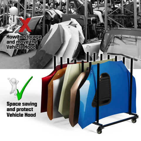 Heavy Duty Vehicle Hood Storage Cart With Six Hood Slots That Maximizes Space For Auto Shops, shown with stored hoods