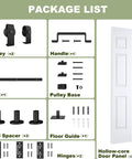 Package contents for Two Panel Bifold Barn Door Set 30 By 84 Inches With Hollow Core MDF Molded Panels Primed Surface Ready To Paint Includes 2.83-Foot Hardware Kit For Easy Install Sliding Doors Double 15 Inch Panels DIY Friendly.