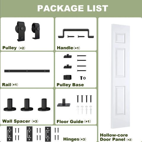 Package contents for Two Panel Bifold Barn Door Set 30 By 84 Inches With Hollow Core MDF Molded Panels Primed Surface Ready To Paint Includes 2.83-Foot Hardware Kit For Easy Install Sliding Doors Double 15 Inch Panels DIY Friendly.