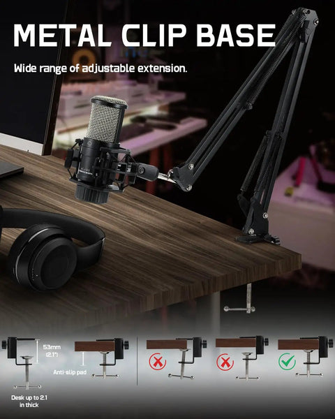 XLR Condenser Microphone Kit With 25mm Diaphragm For Streaming And Podcasting including boom arm attached to wooden desk base