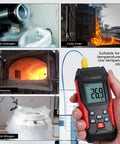 JuviPerpric digital K-type thermometer with LCD display; red/black housing, yellow probe, two K-type leads.