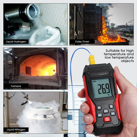 JuviPerpric digital K-type thermometer with LCD display; red/black housing, yellow probe, two K-type leads.