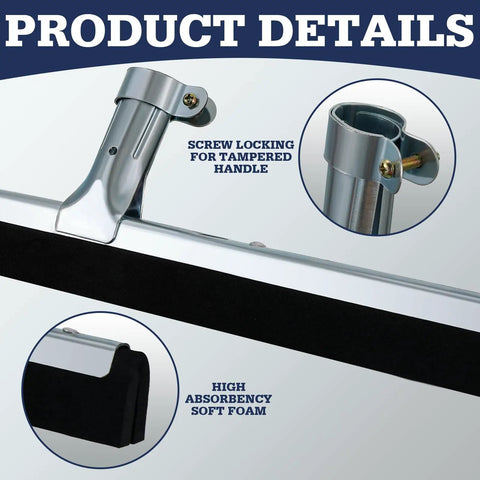 Close-up of 4 Pack Double Foam Floor Squeegee For Concrete And Industrial Floors, Heavy Duty Stainless Steel Scrubber with EVA Foam Blade, 18 Inch Wide, showing foam and handle attachment details.