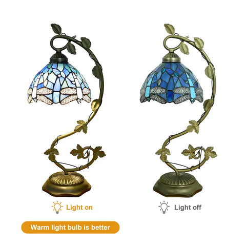 Sea Blue Dragonfly Handmade Stained Glass Desk Lamp With Metal Leaf Base Vintage Curved Reading Light LED On and Off