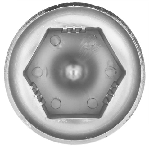 Bottom view of Chrome Lug Nut Covers 33mm With Flange For Semi Trucks, Push-On Fit, shows locking bars for secure fitment.