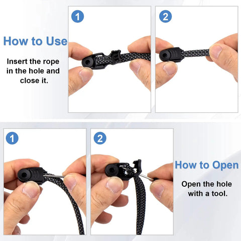 Instructions for using 50 Pcs Zipper Pull Tabs And Cord Ends Kit For Paracord, showing how to insert rope and open the hole.