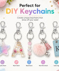 Colorful DIY keychains with acrylic, resin, bead, pom-pom, and letter charms from 50 Piece Keychain Making Kit With Lobster Claw Clasps.