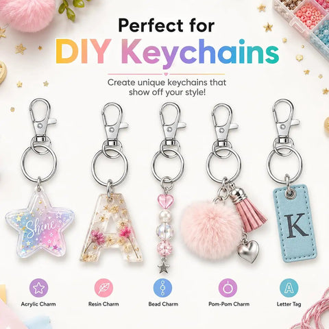 Colorful DIY keychains with acrylic, resin, bead, pom-pom, and letter charms from 50 Piece Keychain Making Kit With Lobster Claw Clasps.