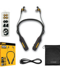 Rugged 2In1 Neckband Bluetooth Headphones With Built In Speakers For Worksites And Outdoors Wearable Around The Neck For Hands Free Music And Calls 60 Plus Hours Battery Life IP56 Carry Pouch Included with accessories and packaging