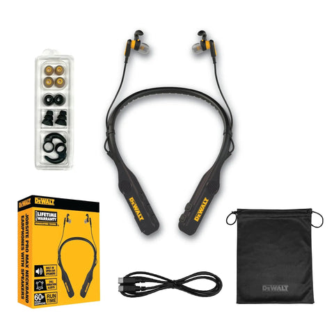 Rugged 2In1 Neckband Bluetooth Headphones With Built In Speakers For Worksites And Outdoors Wearable Around The Neck For Hands Free Music And Calls 60 Plus Hours Battery Life IP56 Carry Pouch Included with accessories and packaging