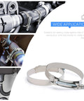 Two stainless steel 4-inch T-bolt hose clamps with 108–116mm range, shown in front and side views.