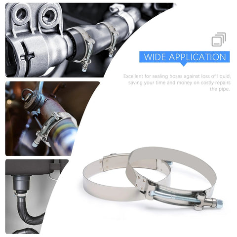Two stainless steel 4-inch T-bolt hose clamps with 108–116mm range, shown in front and side views.