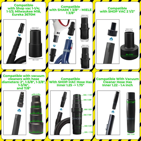 Versatile Vacuum Attachments And Brush Kit detailing hose adapters for various vacuums and sizes for superior cleaning power.