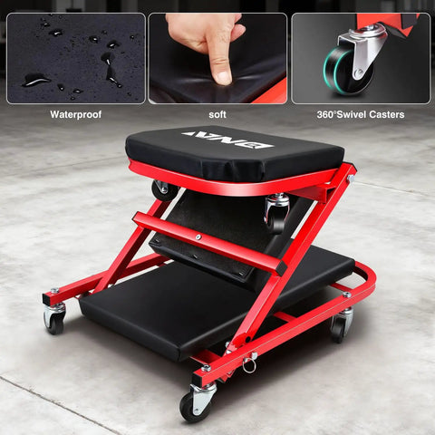 Beefy Low Profile Rolling Folding Mechanic Creeper Seat With Six Swivel Casters And Heavy Duty Steel Frame on workshop floor