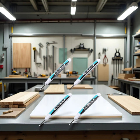 Heavy Hitter White Oil Based Permanent Markers Pro Grade Industrial Pens For Metal Glass And Hard Surfaces Fast Dry Paint Marker Set With Fine Tips For Workshop Jobs And Weekend Builds on workshop table with wood