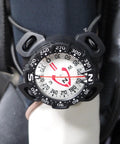 Bungee Mount Scuba Dive Compass With Glow In The Dark Face for Night Dives and Low Vis Conditions, attached to diving gear