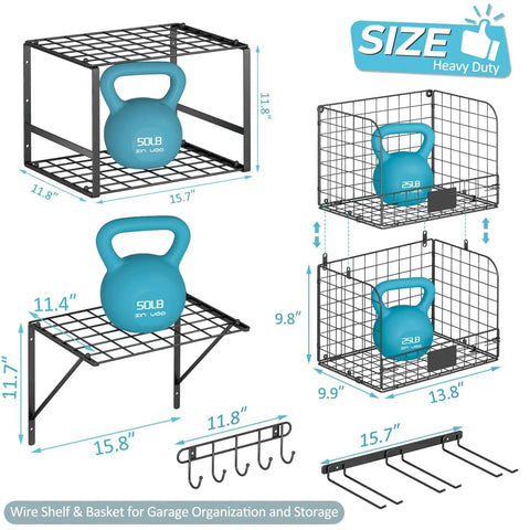 Heavy Duty Garage Wall Shelf With Wire Baskets, Tool Rack And Hooks, Durable Wall Mounted Storage dimensions and components