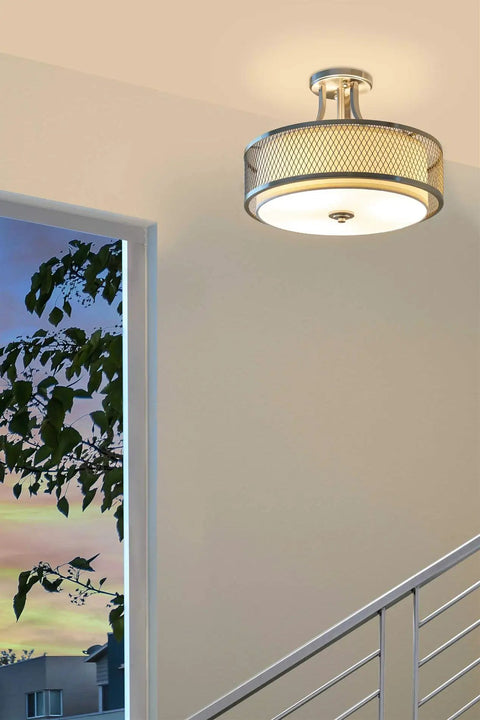Linx 16 Inch 3 Light Semi Flush Mount Ceiling Light Fixture With Outer Mesh Shade And White Fabric Inner Shade In Brushed Nickel Finish