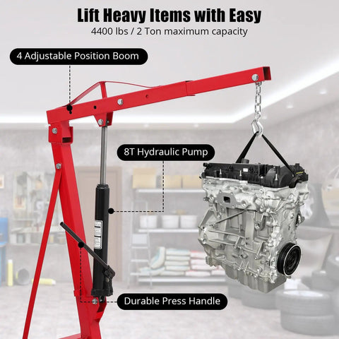 Solid 2 Ton Engine Hoist And Rolling Cherry Picker With Reinforced Casters For Garages And Shops Legit Heavy Duty Transmission Lifter Boss Level Wrench Gear with adjustable boom and hydraulic pump.