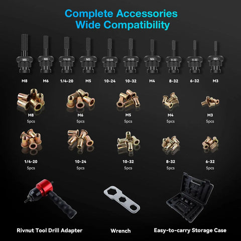 Rivet Nut Tool Kit For Drills And Ratchets, Cordless Drill Adapter, Pro Grade Labor Saving Rivnut Tool With 10 Mandrels And 50 Rivet Nuts, Rugged Carrying Case, Built Tough For Cars, Bikes And DIY Projects, showing components and accessories.
