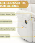 Detailed view of beige chenille swivel rocker recliner for adults in small spaces, showing side pocket, manual switch, and footrest.