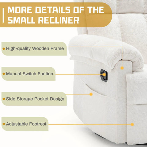 Detailed view of beige chenille swivel rocker recliner for adults in small spaces, showing side pocket, manual switch, and footrest.