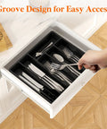 Sturdy Silverware Organizer With Lid For Drawer Or Countertop, black plastic tray with utensils in a kitchen drawer, 12.6 x 11.8 inches