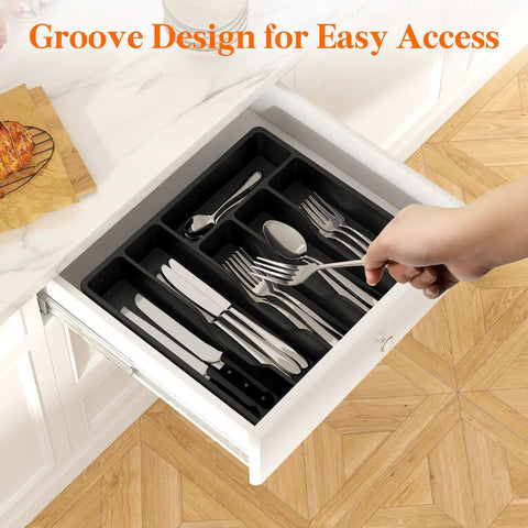 Sturdy Silverware Organizer With Lid For Drawer Or Countertop, black plastic tray with utensils in a kitchen drawer, 12.6 x 11.8 inches