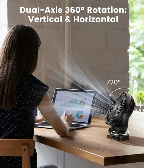 Person at desk using Clip On 8 Inch Portable Fan With 20000mAh Battery Rechargeable USB Desk Personal Fan 3 Speed Strong Airflow