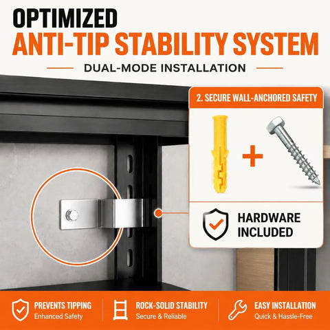 Heavy Duty Garage Shelving System With 3000 Lbs Total Capacity, beefy adjustable metal rack anti-tip wall anchor detail