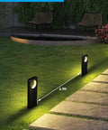 LED Low Voltage Pathway Lights Pack Of 4, 12V AC/DC Landscape Lighting with dual side glow, black finish, showing optimal 4.9ft installation.