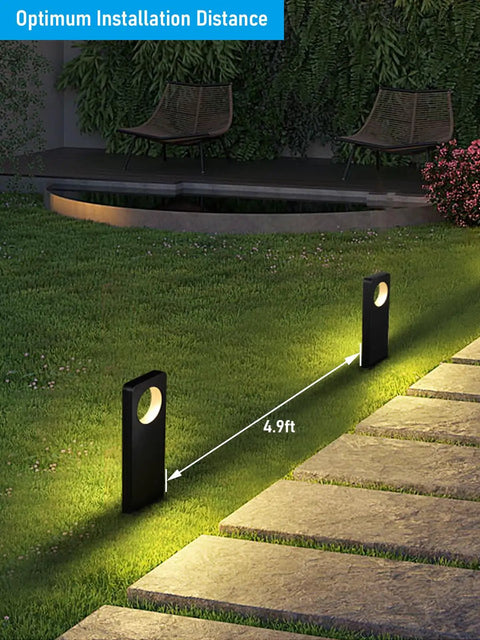 LED Low Voltage Pathway Lights Pack Of 4, 12V AC/DC Landscape Lighting with dual side glow, black finish, showing optimal 4.9ft installation.