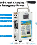 Hand Crank Portable Power Station With USB And AC Outlet No Fuel Needed Emergency Backup Generator For Camping Outdoor Prep Off Grid Power Anywhere Reliable showing USB ports and dimensions.