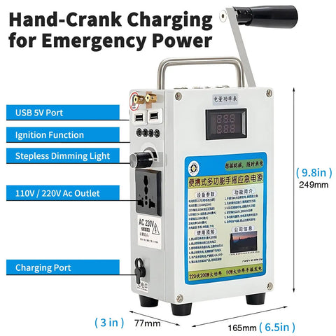 Hand Crank Portable Power Station With USB And AC Outlet No Fuel Needed Emergency Backup Generator For Camping Outdoor Prep Off Grid Power Anywhere Reliable showing USB ports and dimensions.