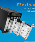 Heavy Duty 48TB Desktop Storage Chassis With Badass Speed And Zero Drama Raid Configuring For Tech Wizards Featuring Thunderbolt Connections and Plug And Play Convenience showing removable hard drives.