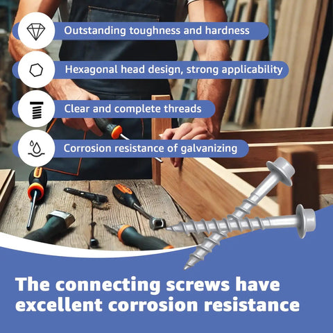 Heavy Duty Joist Hanger Screws For Framing No. 9 By 1-1/2 Inch Construction Screws 1/4 Inch Hex Head Galvanized Finish Replaces 9112R500 Fits 0.380 Inch Deck Screws 500 Count in use with wooden frame and tools.