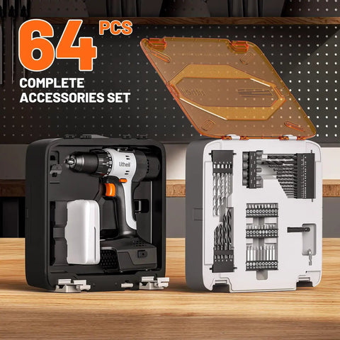 Cordless Drill Kit With Half Inch Metal Keyless Chuck, 443 Inch Pounds Torque, 2.0Ah Battery, 64 Piece Home Tool Set