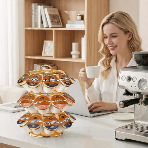 Rotating K Cup Carousel Holder 3 Tier Organizer That Fits 27 K Cups Spins 360 Degrees Anti Slip Base No Assembly Gold Finish