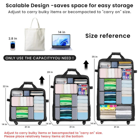 Front view of Amazon luggage with wheels; expandable rolling travel bags shown in three sizes with packed compartments