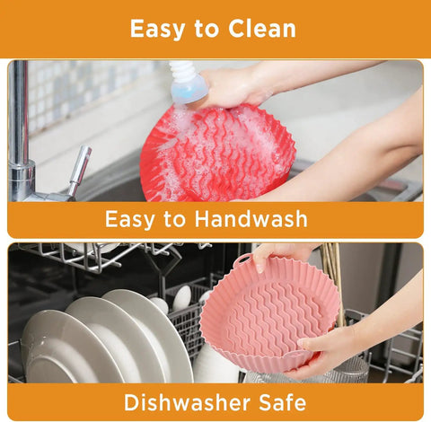 2 Pack 8.5 Inch Air Fryer Silicone Liners Reusable Basket Liners For 5 To 8 Qt Fryers Easy Cleanup Keeps Grease Off Food No Mess Dishwasher Safe Nonstick Pot Red And Pink shown being easily cleaned in sink and dishwasher