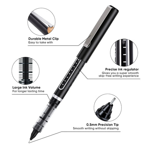 Rollerball Pens 0.5 Mm Fine Tip Black Ink 12 Pack, Smooth Glide And Skip Free Writing With Stainless Steel Needle Tip And Tungsten Carbide Ball, Best For Notes, Signatures, Sketches, And All Day Use, showing clip, ink regulator, and precision tip